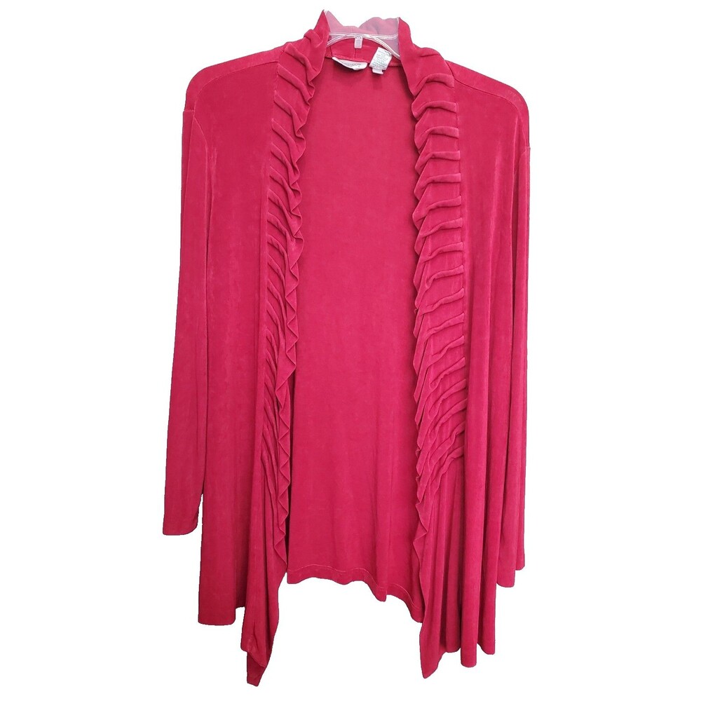 Chico's Travelers Red Long Sleeve Pleated Trim Longline Open Front Cardigan 3/XL